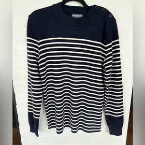 Cafe Du Cycliste men’s Genevieve Merino Wool Navy White Striped Sweater - small